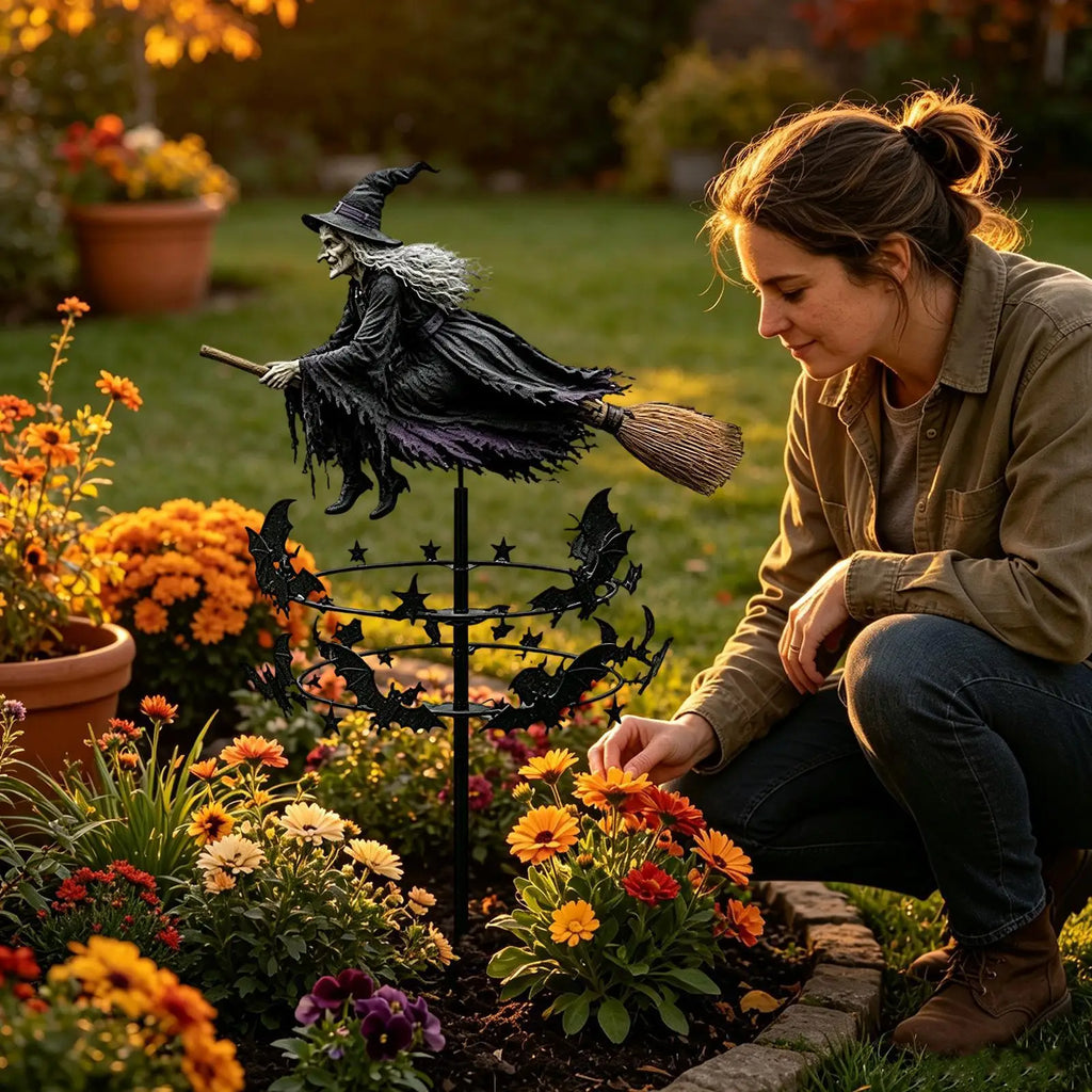 Halloween Witch Garden Spinner Metal Yard Art Outdoor Windmill Stake Decoration Lawn Ornament Spinning Witch Decor