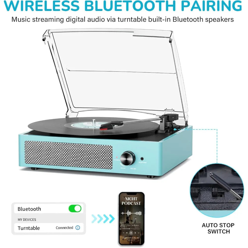 Vintage Belt Drive Vinyl Record Player 3 Speed Turntable with Stereo Speakers Wireless Bluetooth AUX RCA Headphone Jack Auto
