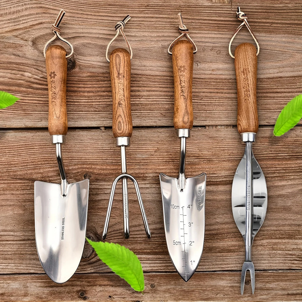 4pcs/set Heavy-duty Garden Tool,Durable Stainless Steel And A Sturdy Wooden Handle. Includes Hand Shovel, Trowel, Garden Rake
