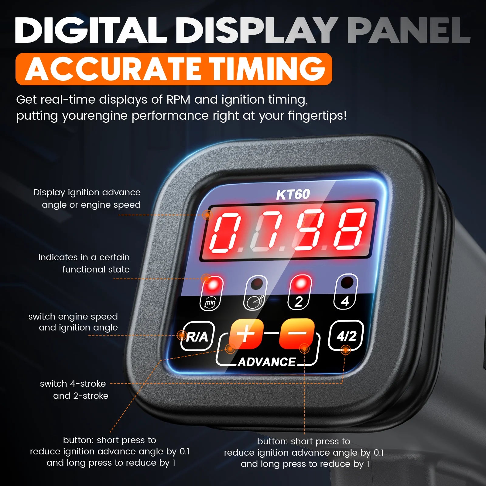 KZYEE KT60 Engine Digital Timing Light with Tachometer Timing Light Automotive 12V for 2&4 Stroke Petrol Engine for Car Moto
