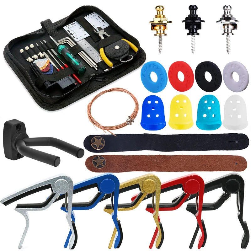 Guitar Accessories Kit Guitar Capo, Strings, Strap, End Pin, Silicone Pad, String Winder, for Acoustic Electric Guitar TMZ
