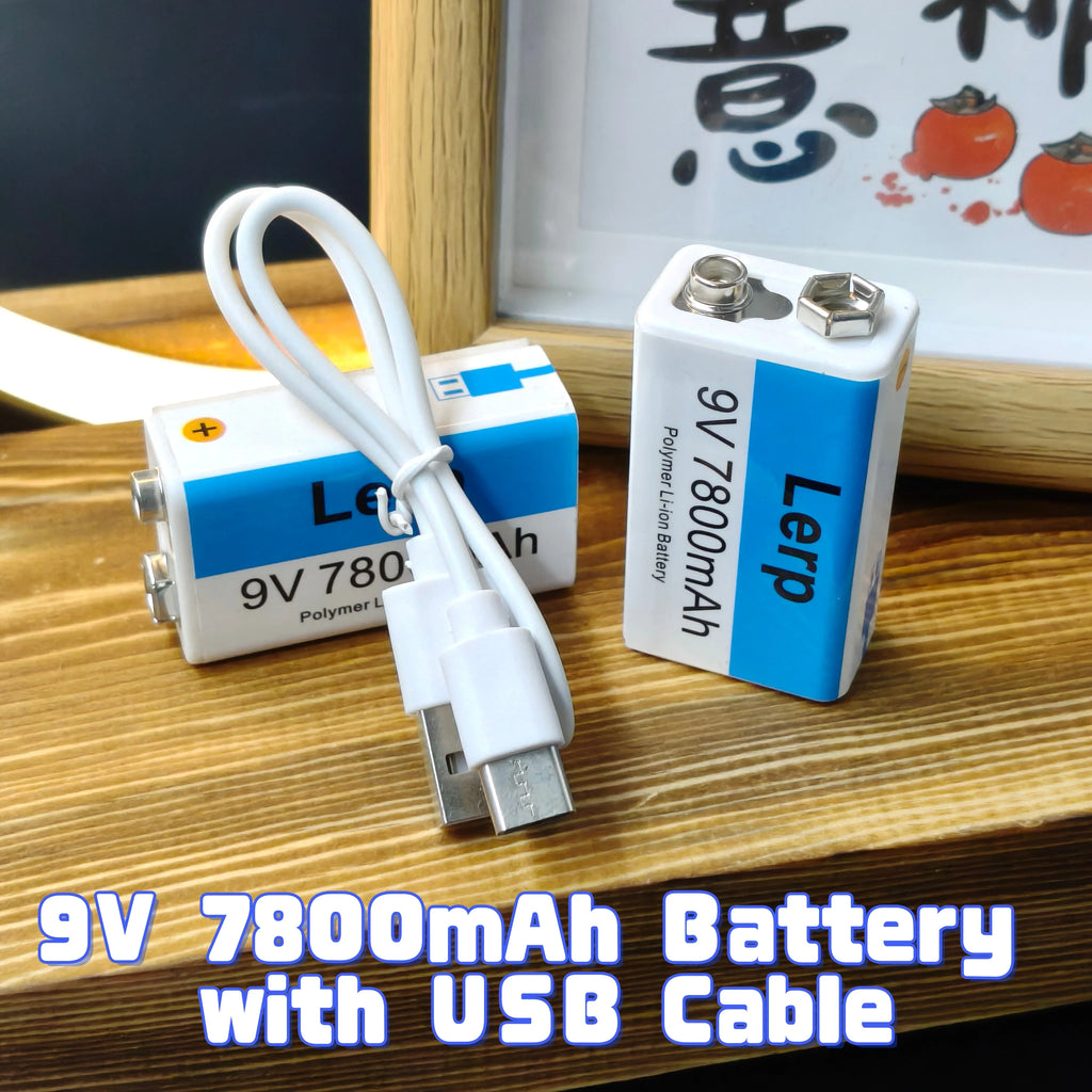 9V Rechargeable Battery 7800mAh with USB Charging Cable
