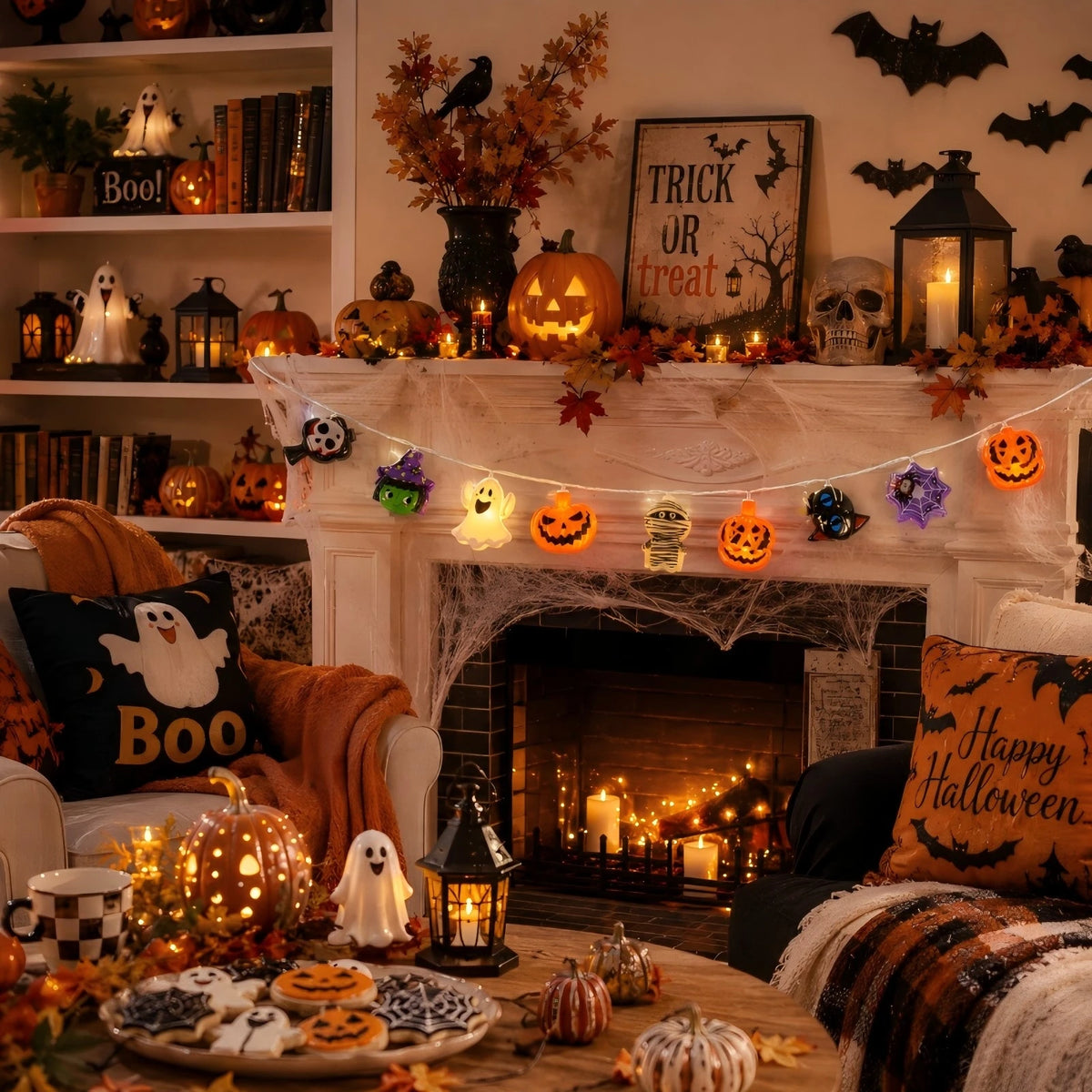 Halloween LED String Lights Mummy Skull Witch Pumpkin Spider Bat Cartoon Fairy Lights Holiday Party Decor Lamp