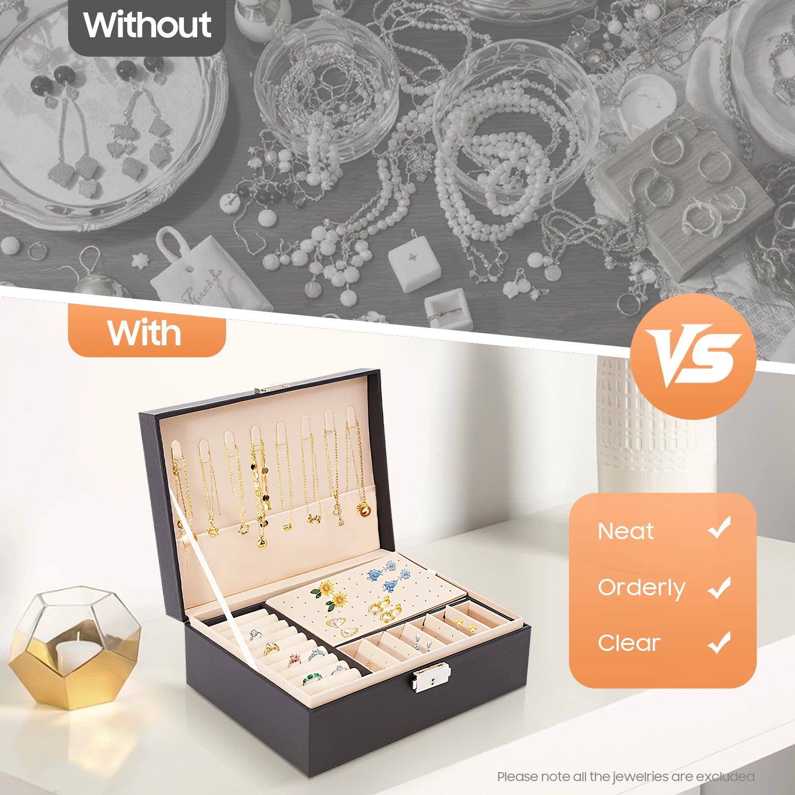 Jewelry Box Portable Desktop Jewelry Storage Case 2‑tier Jewelry Organizer Box with Lock Jewelry Holder for Rings Earrings Necklaces Bracelets Travel