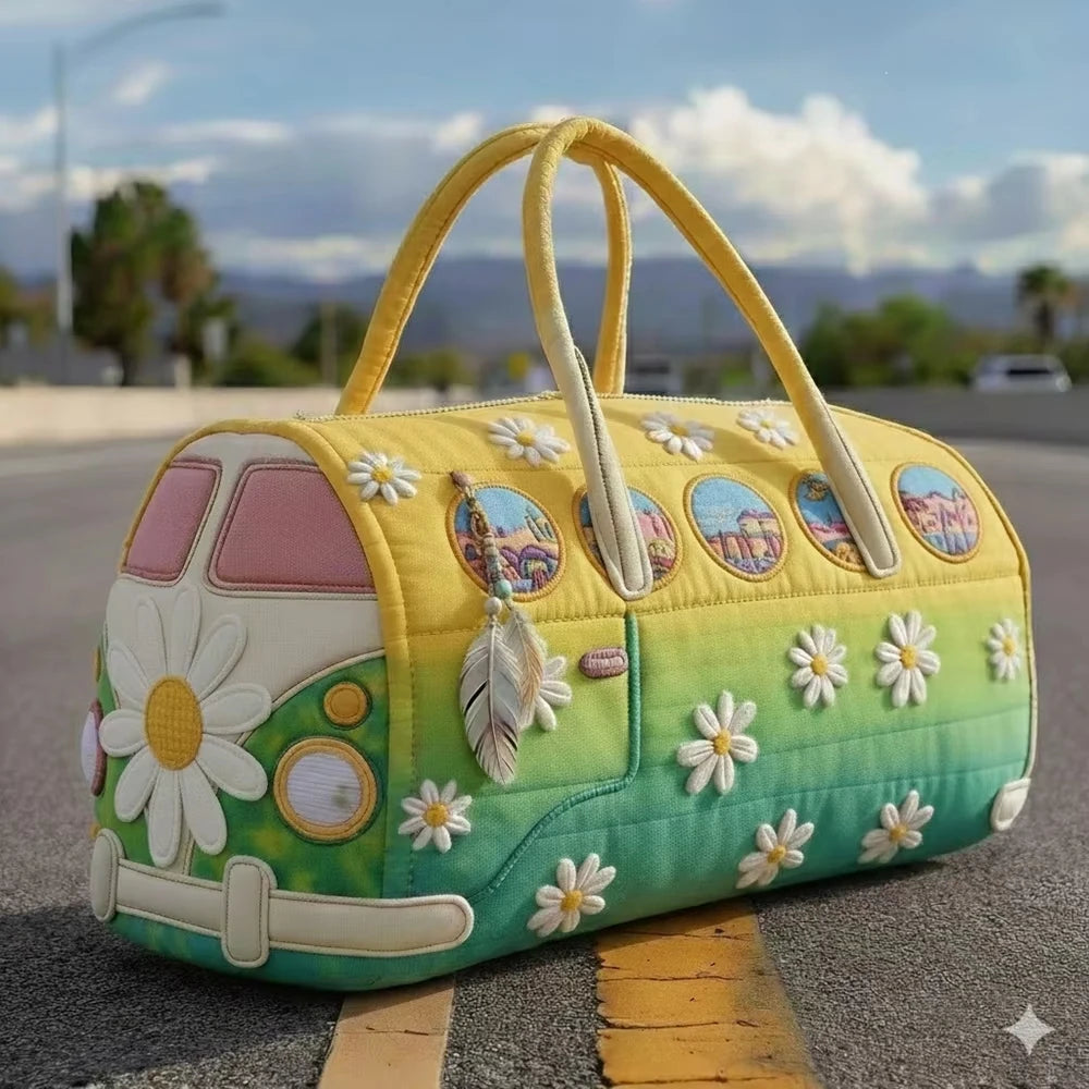 Fashion 3D Quilted Duffle Bag Bus Design Large Capacity Travel Handbag Retro Boho Sturdy Gym Tote Bag Daily Outings