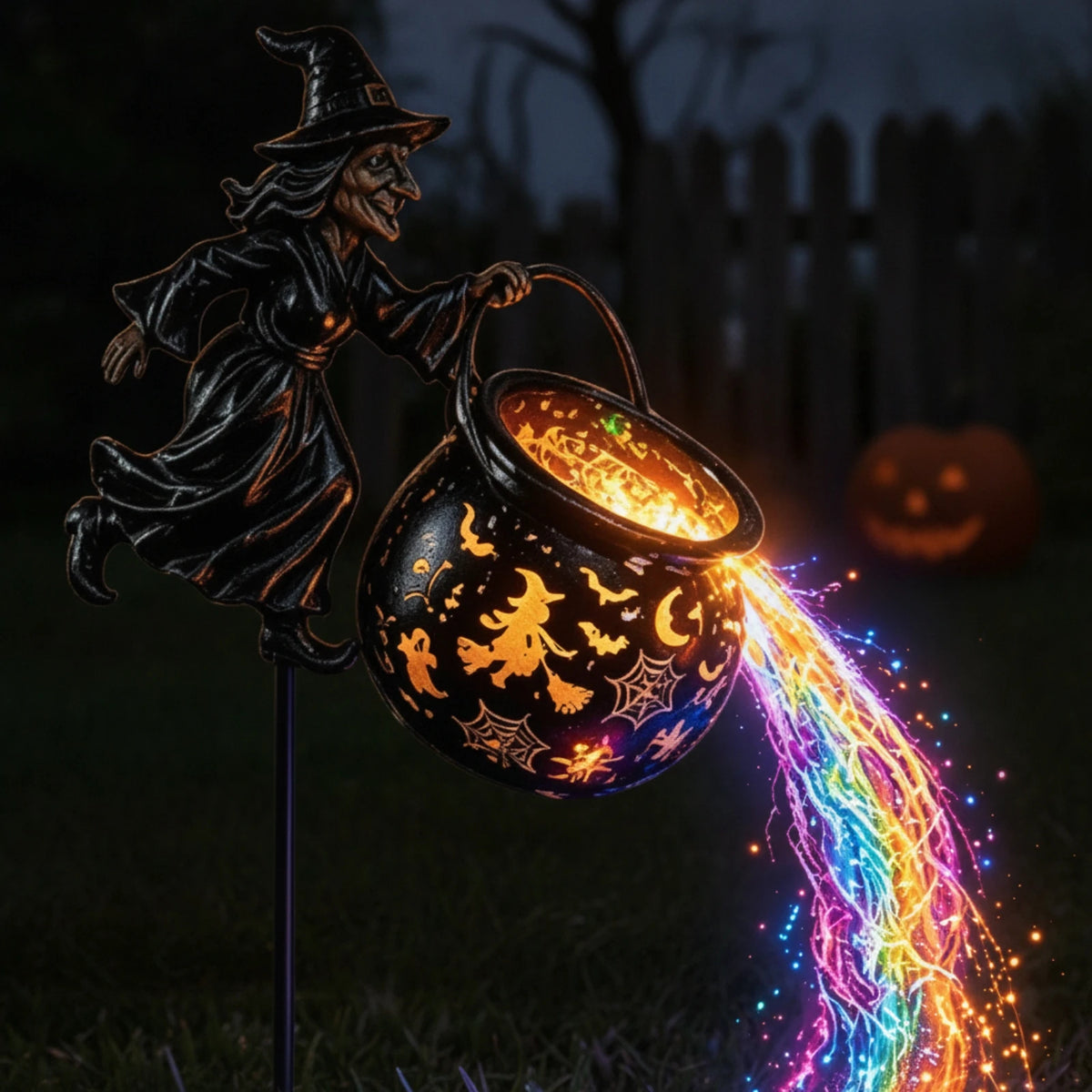 Halloween Witch Cauldron-Style Pot Garden Light Outdoor Halloween Witch Decor with Stake Garden Light with Stake Illuminated