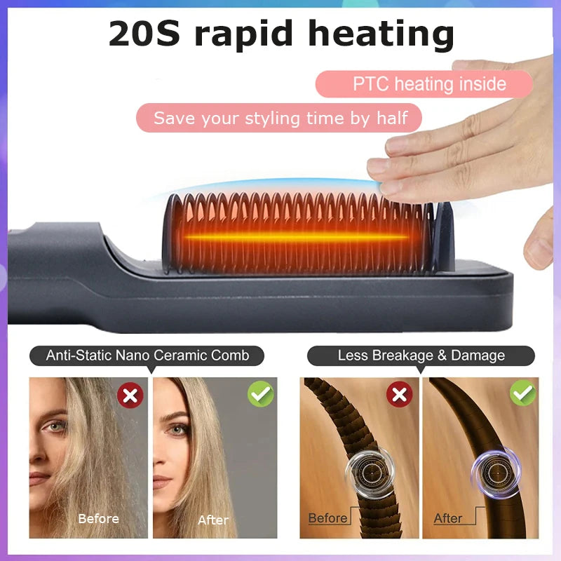 Hair Straightener Ceramic Hot Comb 2 in 1 Electric Straighten Hair Brush Negative Ion Fast Heating Styling Tool ﻿