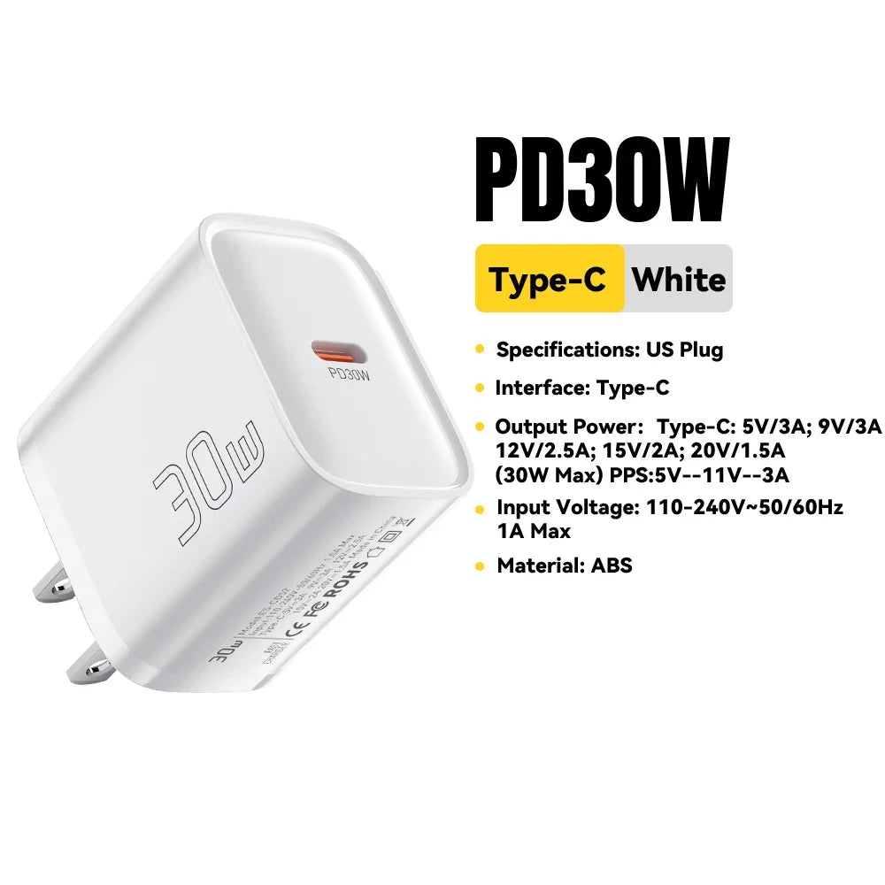USB-C PD Travel Charger 20W 30W Fast Charging Wall Power Adapter Compatible with iPhone iPad Mobile Devices