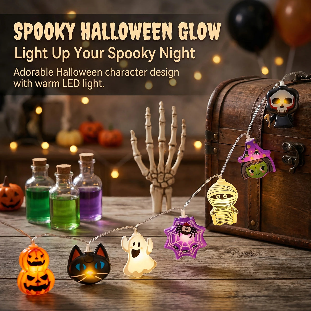 Halloween LED String Lights Mummy Skull Witch Pumpkin Spider Bat Cartoon Fairy Lights Holiday Party Decor Lamp