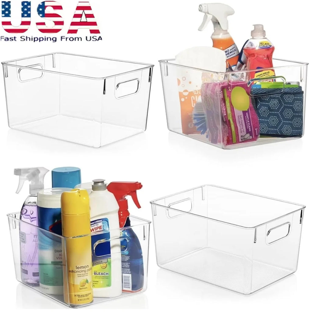 4 Pack Clear Plastic Storage Bins, Pantry Organizers and Storage Containers Fridge Organizer Bins Kitchen Cabinet Organizer