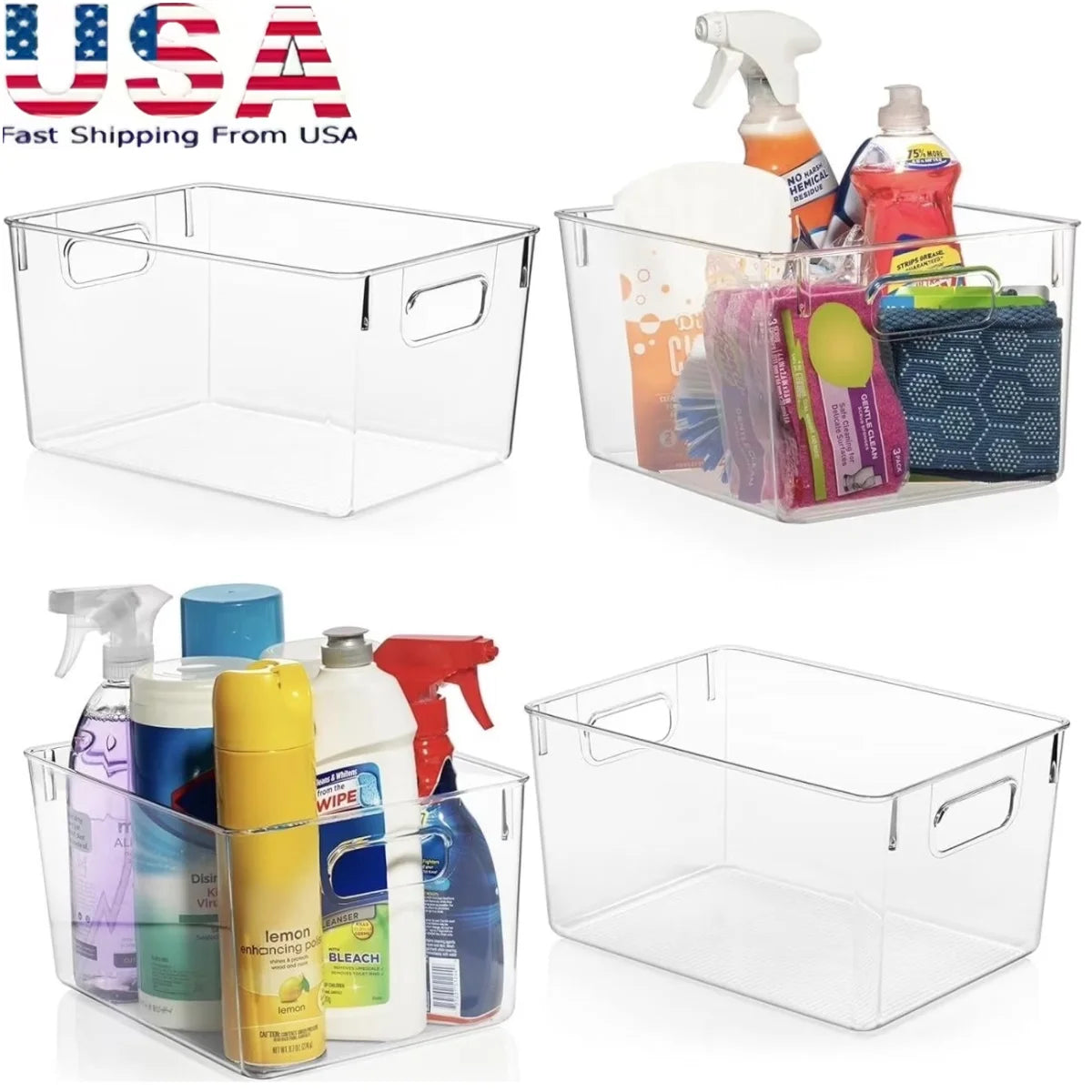 4 Pack Clear Plastic Storage Bins, Pantry Organizers and Storage Containers Fridge Organizer Bins Kitchen Cabinet Organizer