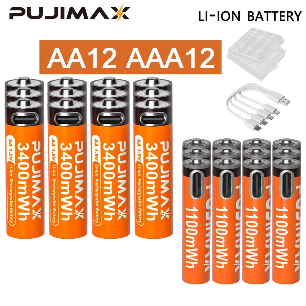 PUJIMAX 1.5V AA&AAA Rechargeable Lithium Battery 3400mWh/1100mWh, Type-C Port Charging Be Reused 1500 Times For Alarm Clocks