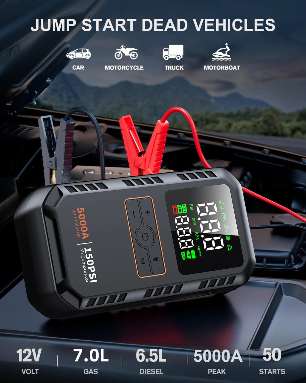 4-IN-1 Car Jump Starter with Air Compressor Peak 5000A Auto Battery Booster 150PSI Air Pump Portable Power Bank Tire Inflator