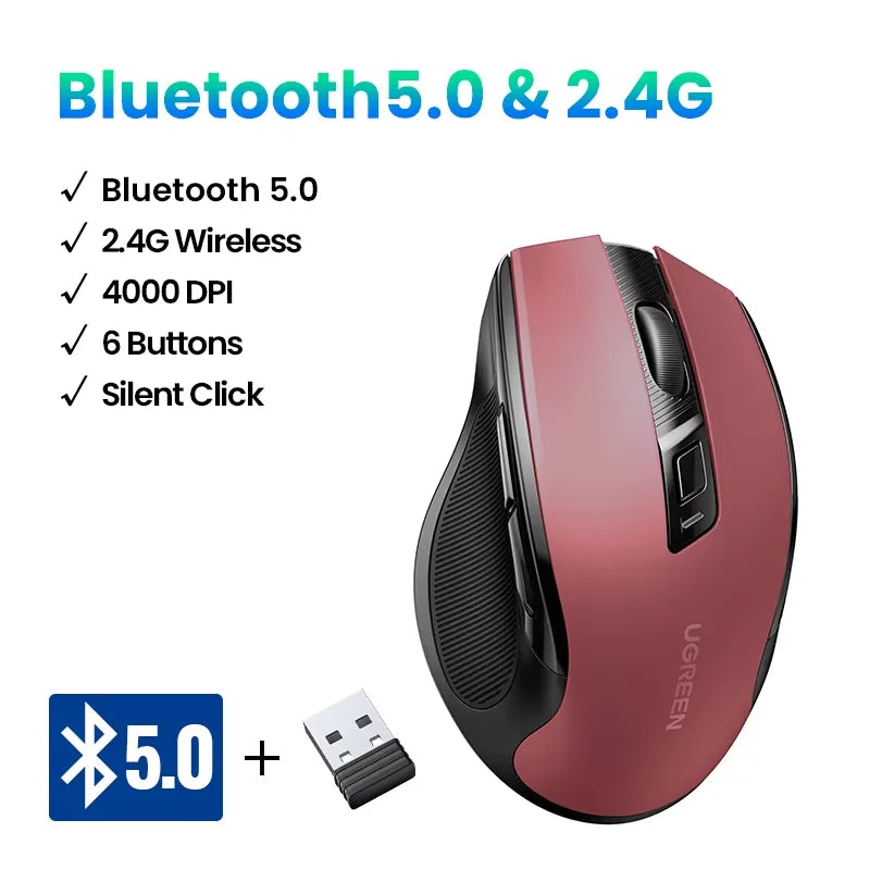 Ratón inalámbrico UGREEN, Bluetooth 5.0, ergonómico, 4000DPI, 6 botones silenciosos, para MacBook, tabletas, portátiles, ordenadores y PC, ratón 2.4G.