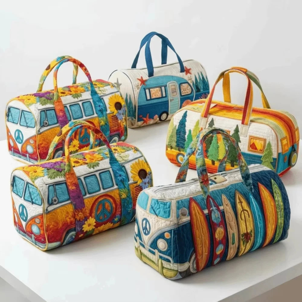 Fashion 3D Quilted Duffle Bag Bus Design Large Capacity Travel Handbag Retro Boho Sturdy Gym Tote Bag Daily Outings