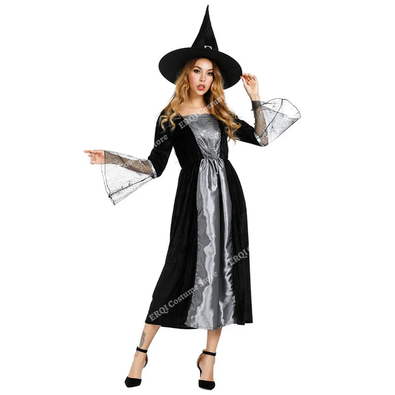 Halloween Dresses for women Witch Costume Sorceress Dress Lace Sleeves Spider Witch Dress Magic Hat Purple Gray Orange green