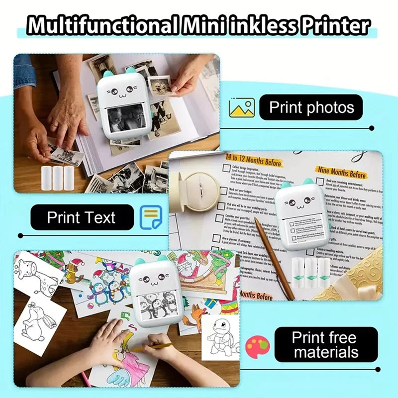 58mm Mini Portable Thermal Printer Wireless Bluetooth Mobile Pocket Photo Printer Memo Wrong Question HD Printing With USB Cable