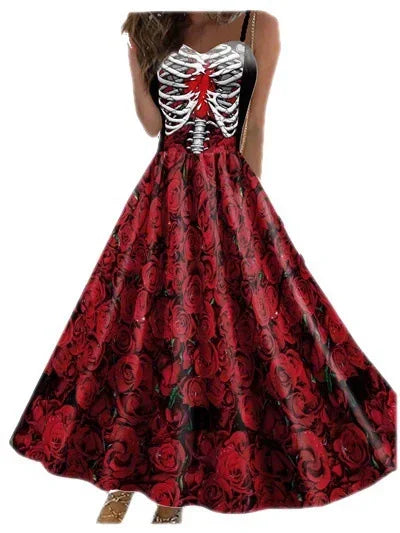 Halloween New Costumes for Women Skull Print Halter Dress Sleeveless Tunic Vintage Party Dresses Goth Clothes Masquerade Vestido
