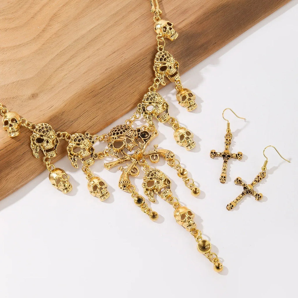 Halloween Jewelry Gothic Punk Retro Alloy Pirate Skull Tassel Necklace Earrings Set For Women Holiday Party Neck Decoration