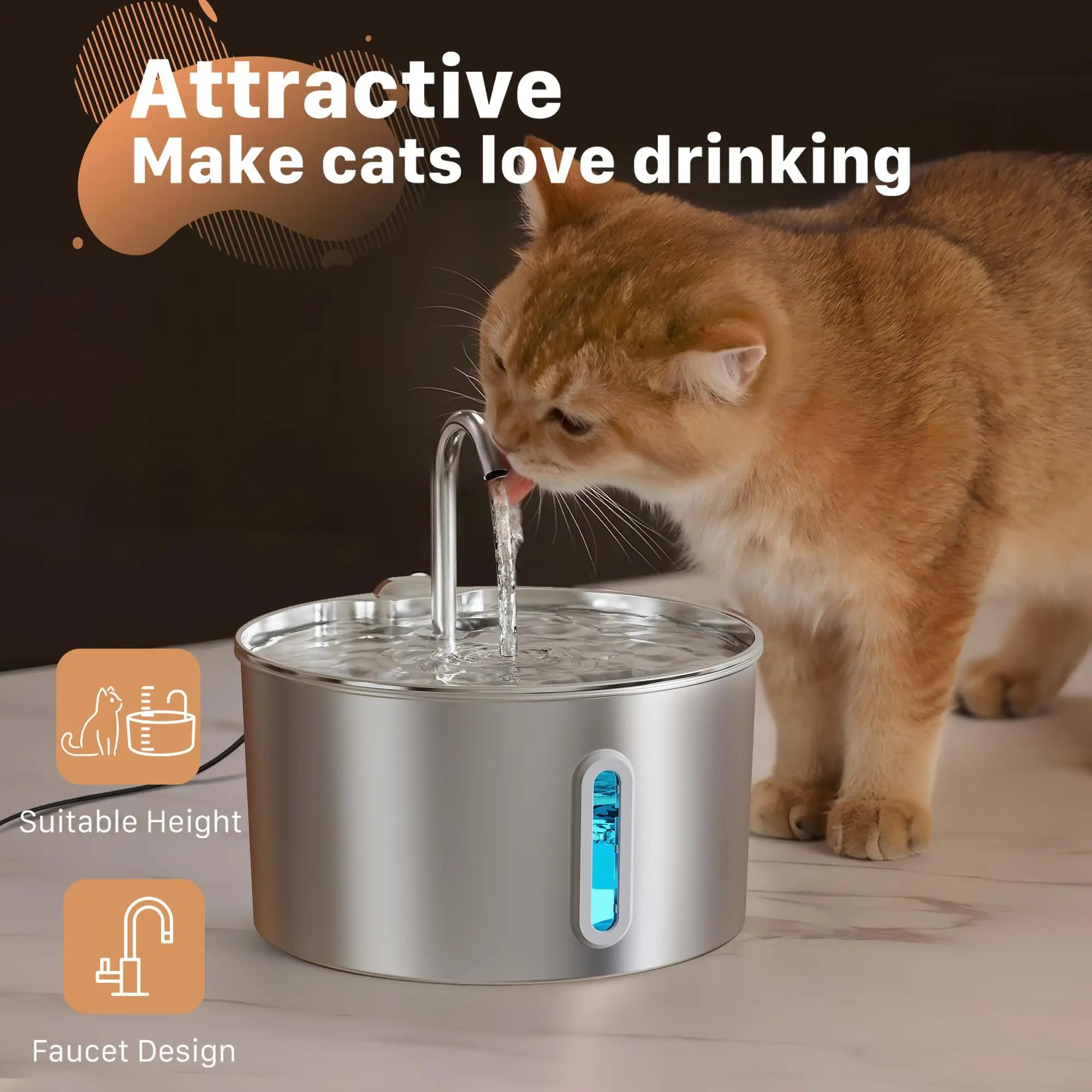 ZYFeeder 2.2L Automatic Water Fountain Stainless Steel Pet Water Feeder Cat/Dog Drink Bowl Water Dispenser Silent With Window
