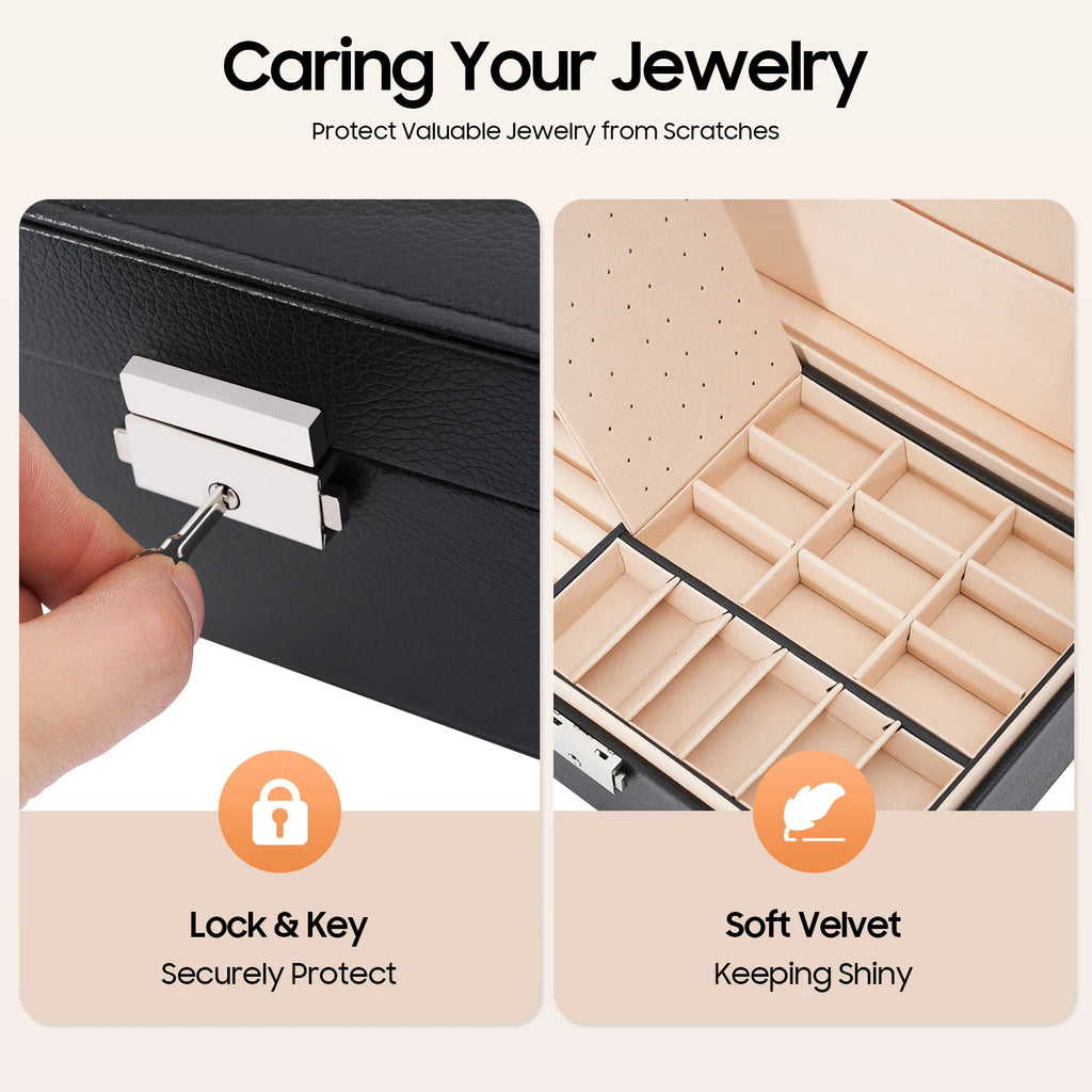 Jewelry Box Portable Desktop Jewelry Storage Case 2‑tier Jewelry Organizer Box with Lock Jewelry Holder for Rings Earrings Necklaces Bracelets Travel