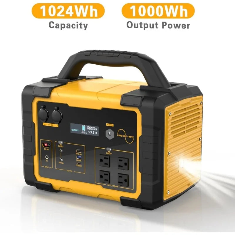 1000W Portable Power Station 1024Wh LiFePO4 Solar Generator 2000W Peak Backup Battery with 60W USB-C Fast Charge