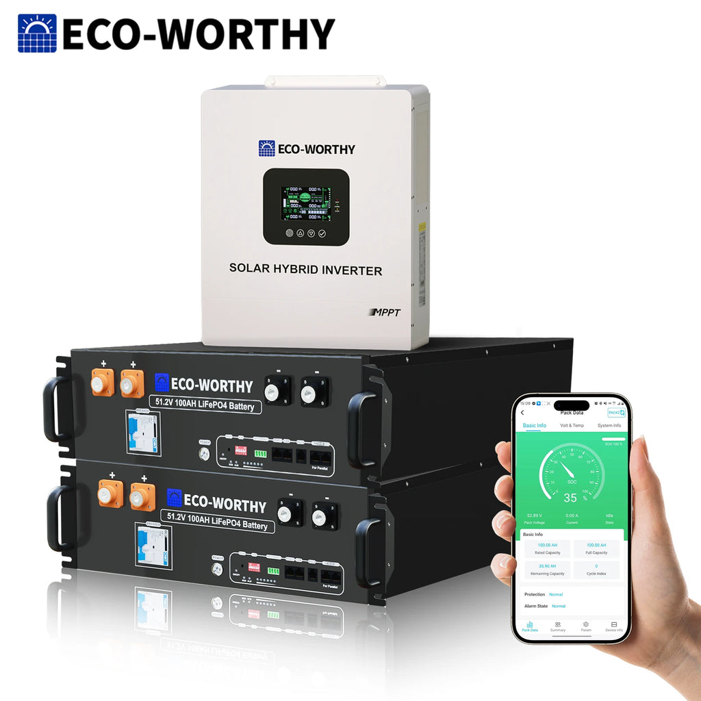 ECO-WORTHY Home Backup Power 2Pack 10.24KWh 48V 100Ah Battery/Bluetooth | UL1973 & UL9540A+5KW 48V Off-grid Inverter for Home