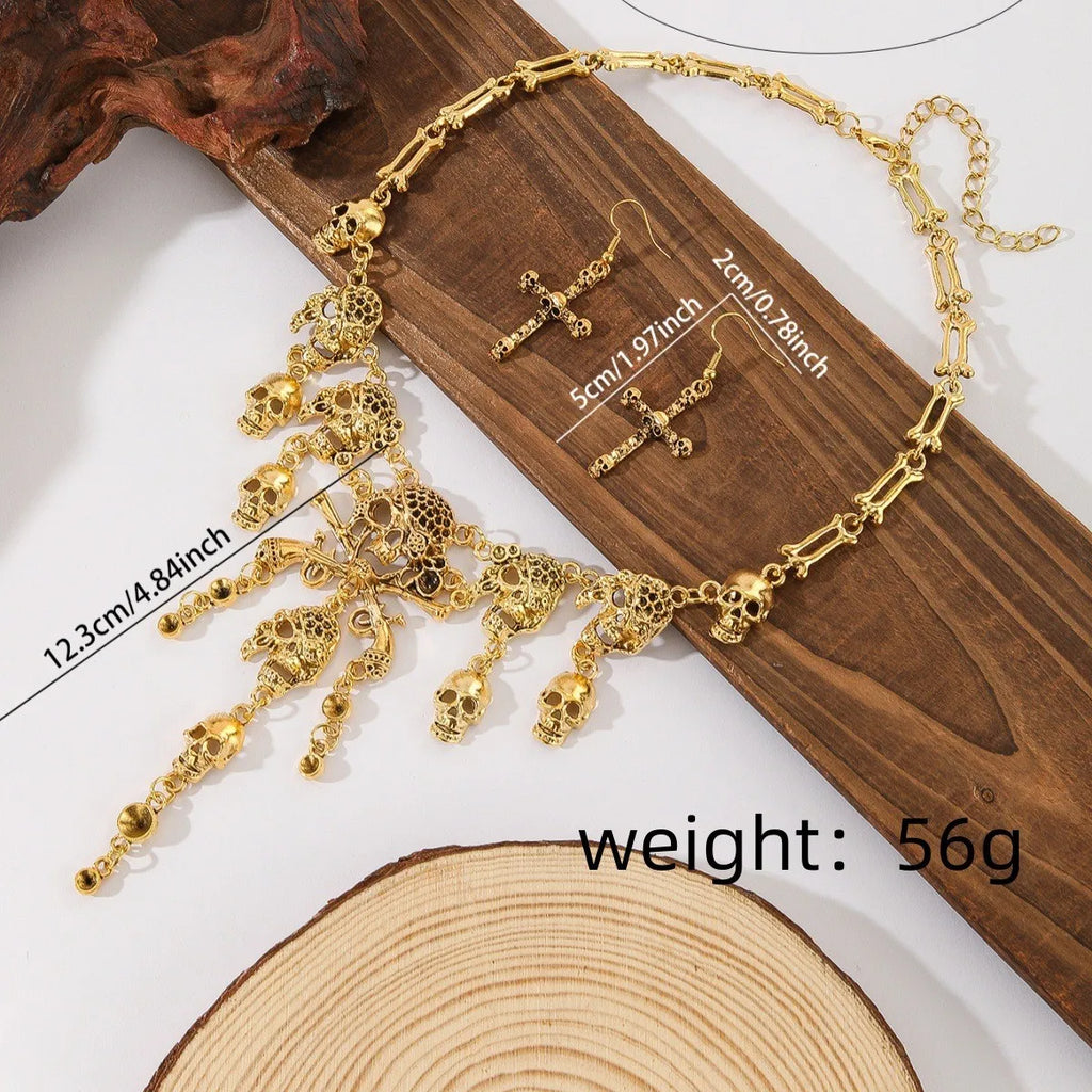 Halloween Jewelry Gothic Punk Retro Alloy Pirate Skull Tassel Necklace Earrings Set For Women Holiday Party Neck Decoration