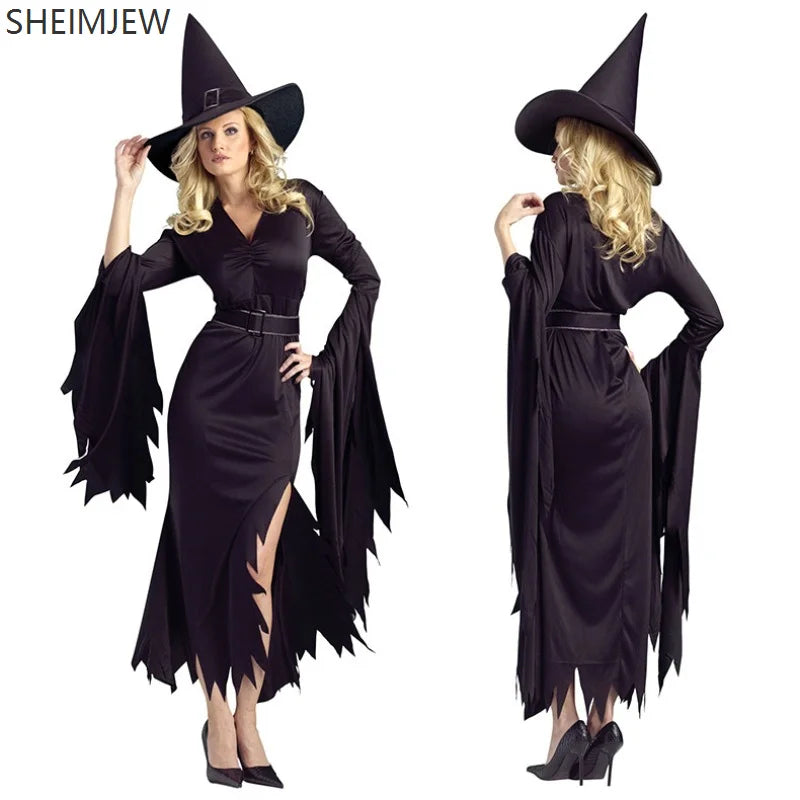 Halloween Adult Women Gothic Black Witch Costume Carnival Purim Cosplay Party Evil Wizard Masquerade Irregular Dress Outfit 2025
