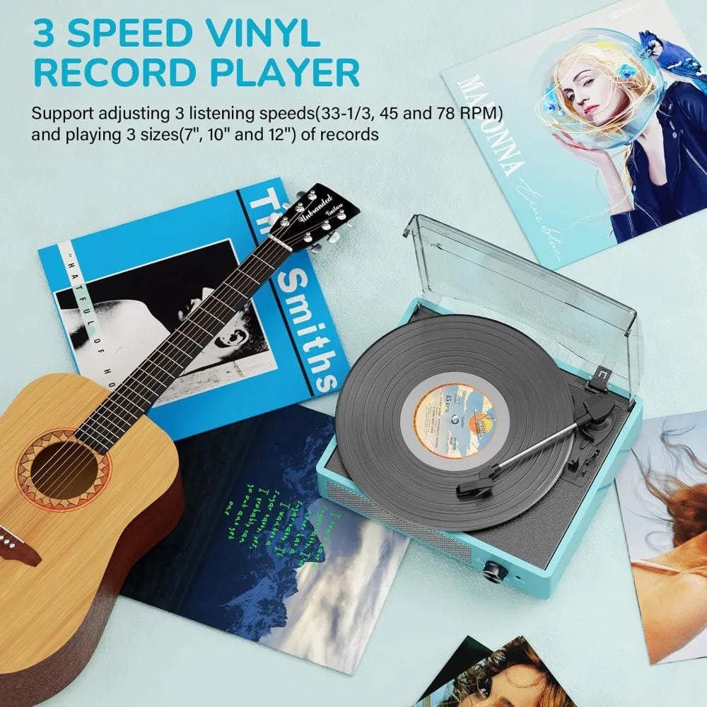 Vintage Belt Drive Vinyl Record Player 3 Speed Turntable with Stereo Speakers Wireless Bluetooth AUX RCA Headphone Jack Auto