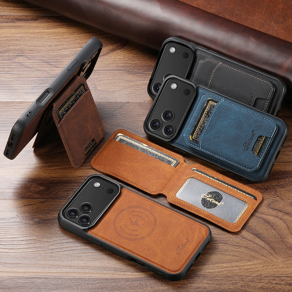 SUTENI Wireless Charging Phone Case Magnet Card Holder Stand Faux Leather For iPhone 18 Pro Max Air 16 Plus 15 14 13 12