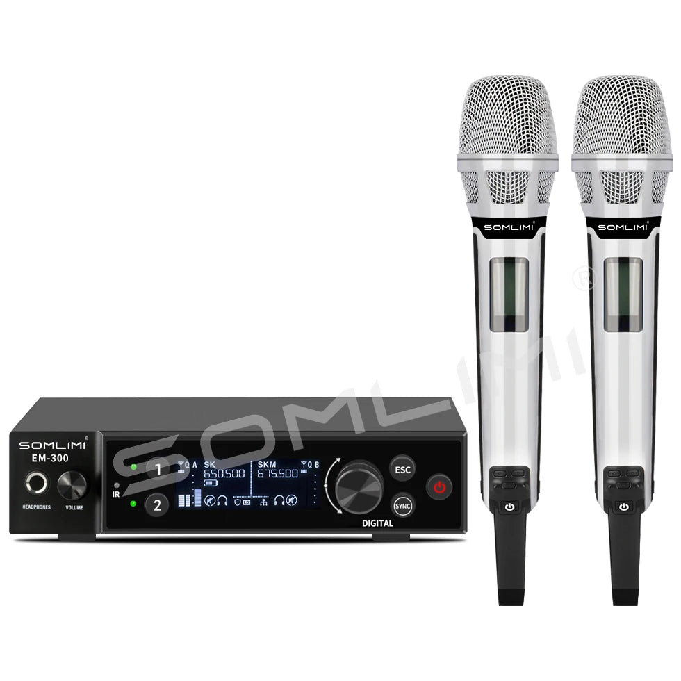 SOMLIMI EM-300 UHF True Diversity Wireless Microphone System for Karaoke Stage Performances Mic Wireless Professionnel