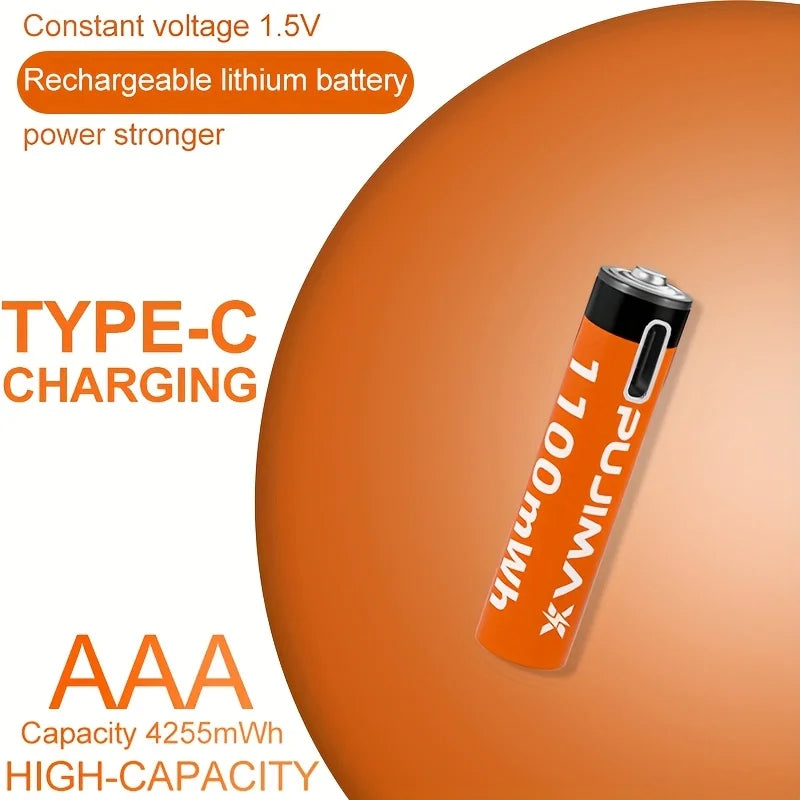 PUJIMAX 1.5V AA&AAA Rechargeable Lithium Battery 3400mWh/1100mWh, Type-C Port Charging Be Reused 1500 Times For Alarm Clocks