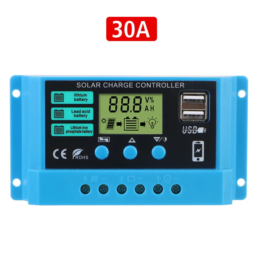 LCD Display Auto 30A Solar Charge Regulator Dual USB Chargers 5V Output Solar Controller PWM Battery Charger 12V/24V Universal