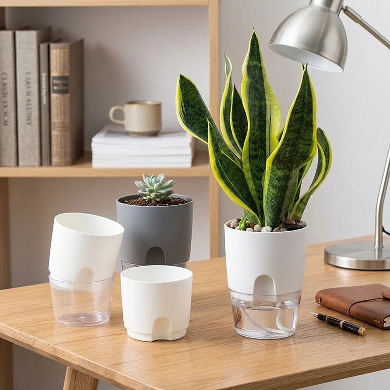 Self Watering Pots for Plants, Flower Plant Pots with Drainage Holes, Double-Layer Plastic Flower Pot Small Plant Pot Wicking