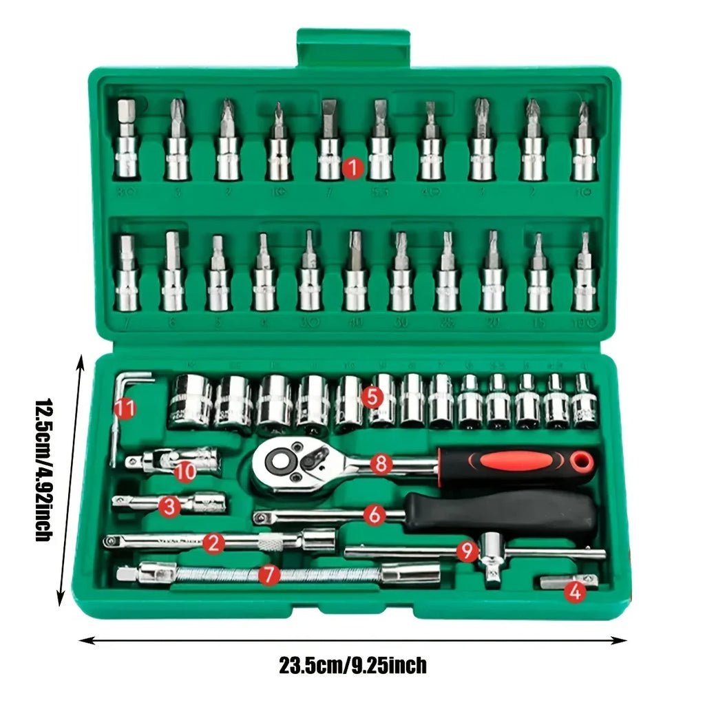 46pc Drive Socket Set 1/4 inch Ratchet Wrench Set Mechanic Tool Kits for Auto Repair Hous with Sockets Metric Hex Bit Socket Set