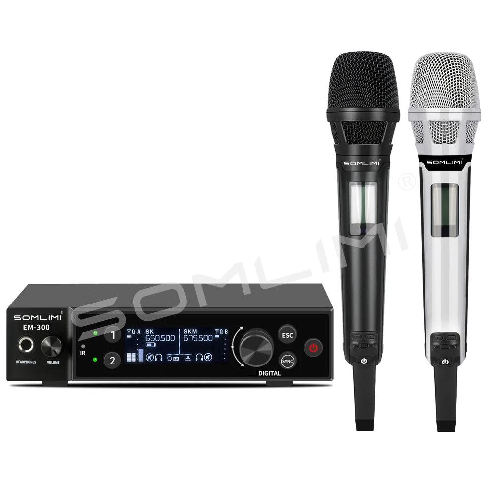 SOMLIMI EM-300 UHF True Diversity Wireless Microphone System for Karaoke Stage Performances Mic Wireless Professionnel