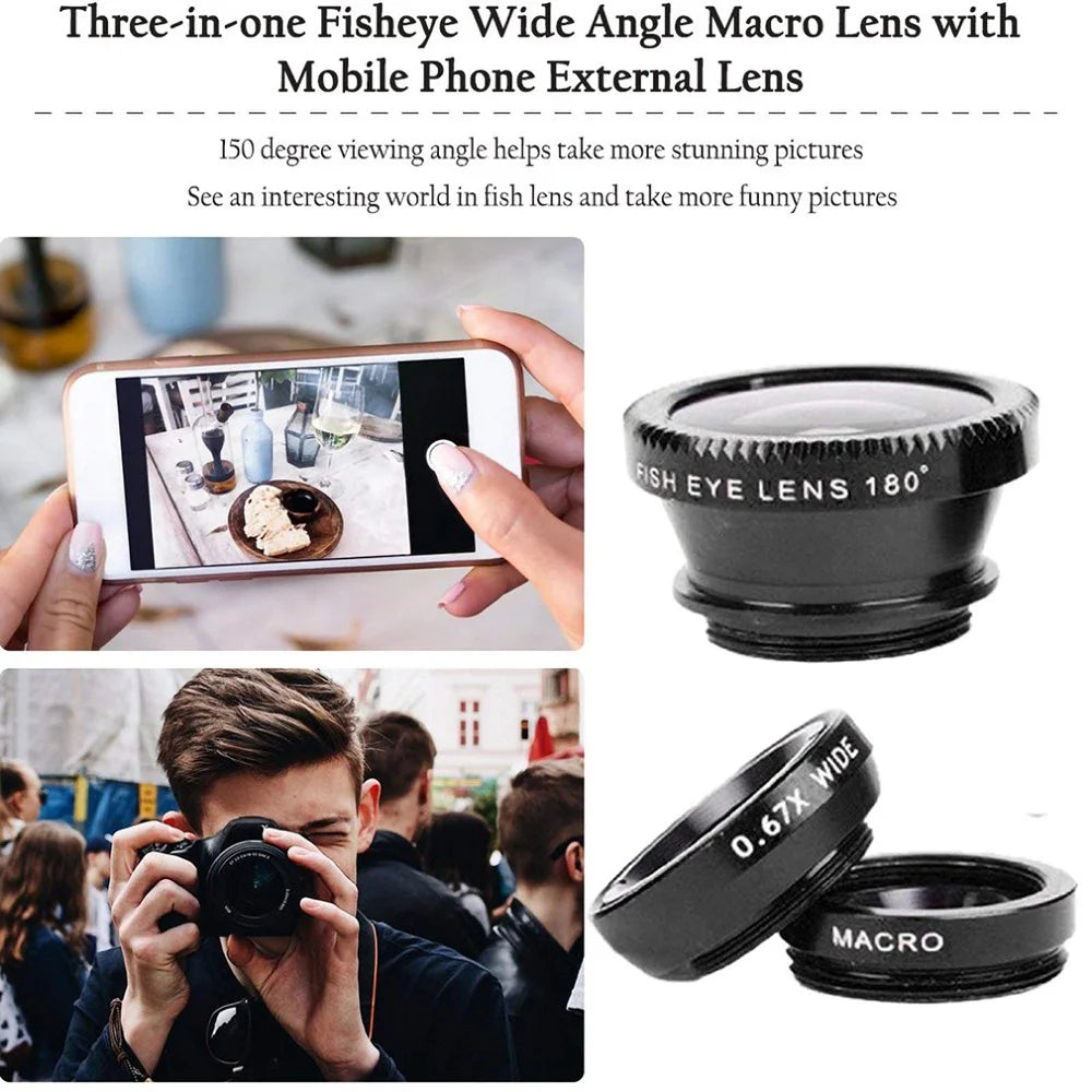 Universal 3 in 1 Fish Eye Lens Wide Angle Macro Phone Fisheye Lens Zoom Camera Kits With Phone Clip For iPhone Samsung Xiaomi