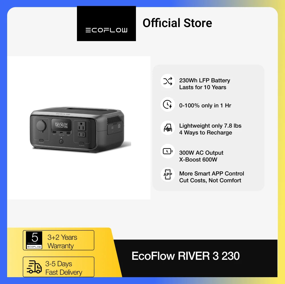 ECOFLOW 20W GaN-C Charger with RIVER 3 230 Portable Power Station, 230Wh LiFePO4 Battery, 300W Up to 600W AC Output