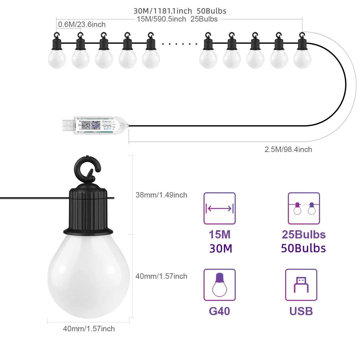 Smart WIFI G40 LED Bulb String Light USB 15M 25 Blubs Fairy Lights Christmas Bedroom Outdoor Garden Decor Festoon Garland