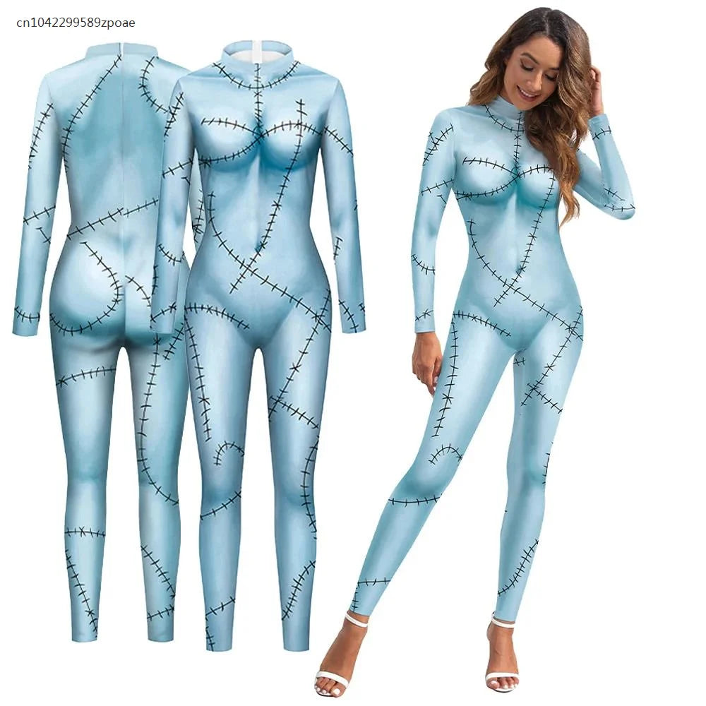 Halloween Adult Carnival Costume For Women Printed Slim Jumpsuit Catsuit Long Sleeve Masquerade Zenti Party Bodysuit Rompers