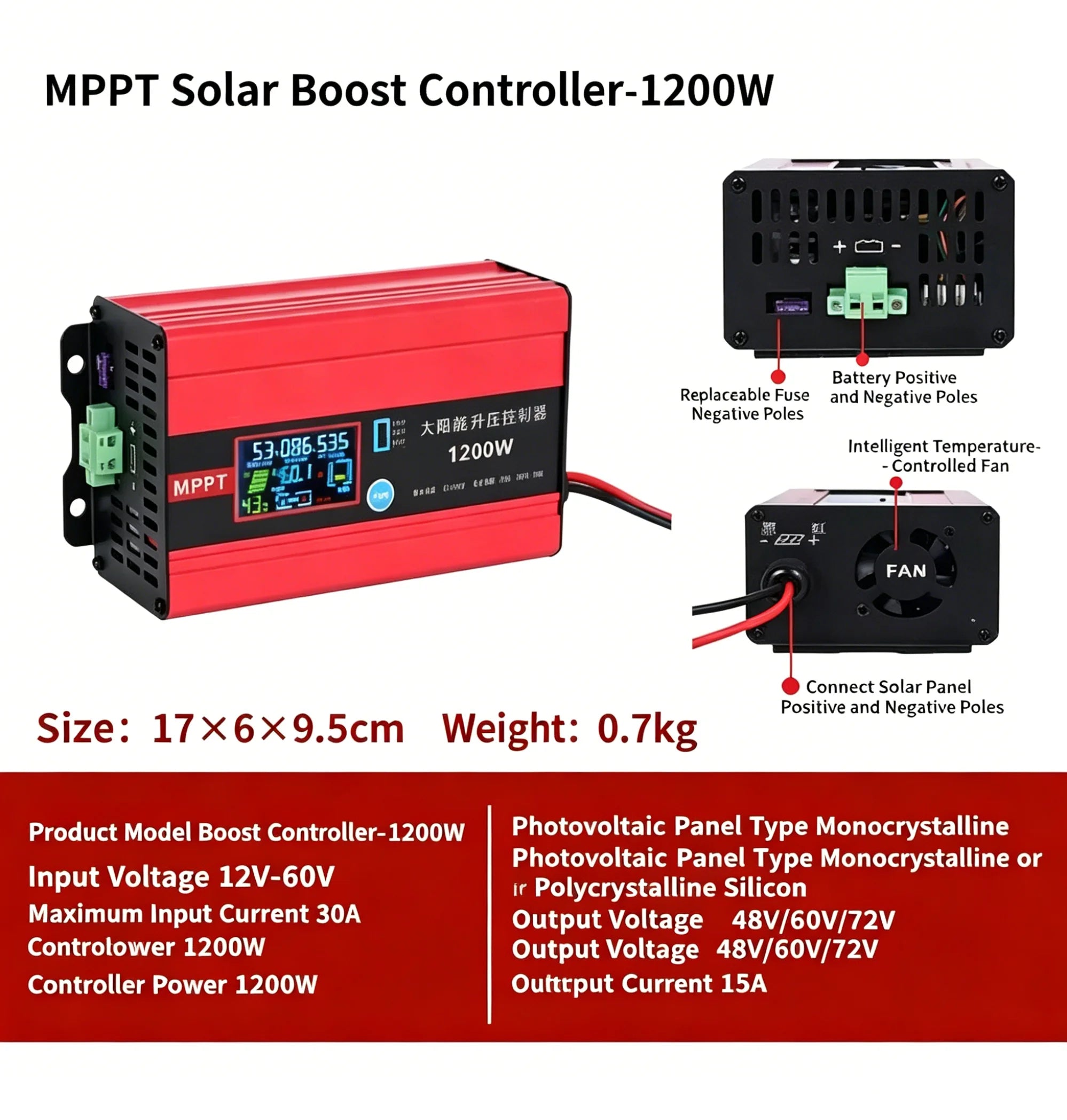 MPPT Solar Boost Controller, 1200W, Universal Input 12-60V, Output 48V-72V for EV Charging
