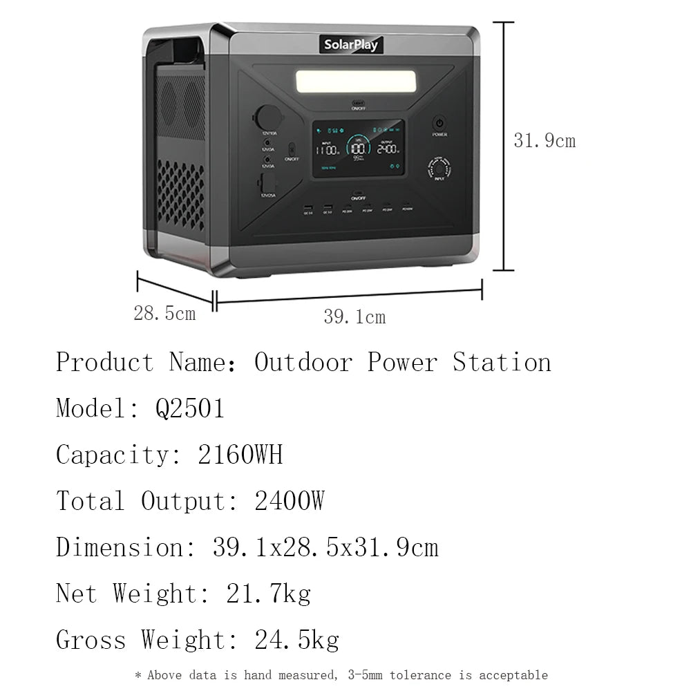 SOLARPLAY 675000mAh Portable Power Station 2400W  2160Wh  Solar Generator LiFePo4 Batteries 110V Energy Storage Supply Camping