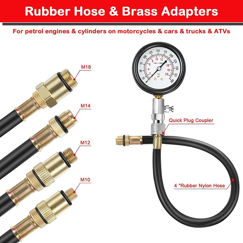 Automotive Engine Compression Tester Tools Kit for Motorcycle Car Truck Engine Cylinder Gauge Fuel Pressure Tester Kit 0-300 PSI