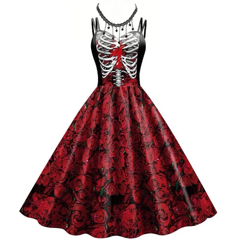 Halloween New Costumes for Women Skull Print Halter Dress Sleeveless Tunic Vintage Party Dresses Goth Clothes Masquerade Vestido
