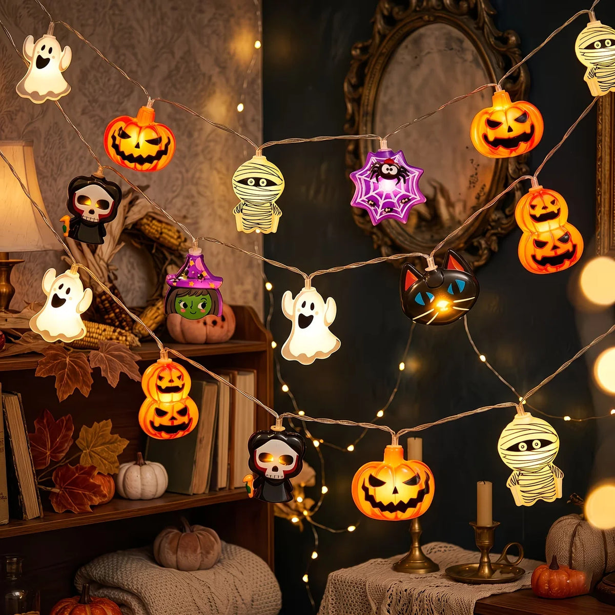 10/20 LED Halloween String Lights Ghost Pumpkin Mummy Skeleton Spider Fairy Light Battery Powered for Party Haunted House Decor