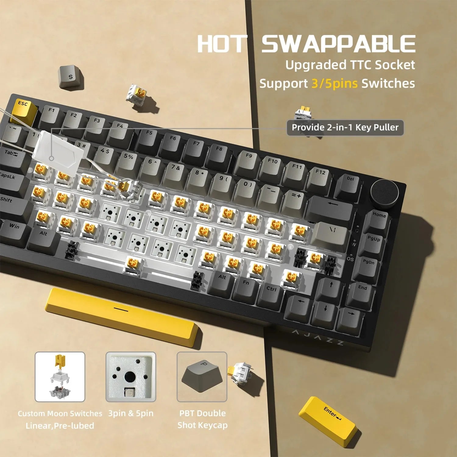 AJAZZ AK820/AK820 Pro Mechanical Gaming Keyboard Tri-Mode Bluetooth 5.1 Wireless Wired Knob Hot Swap Gasket Custom Keyboard