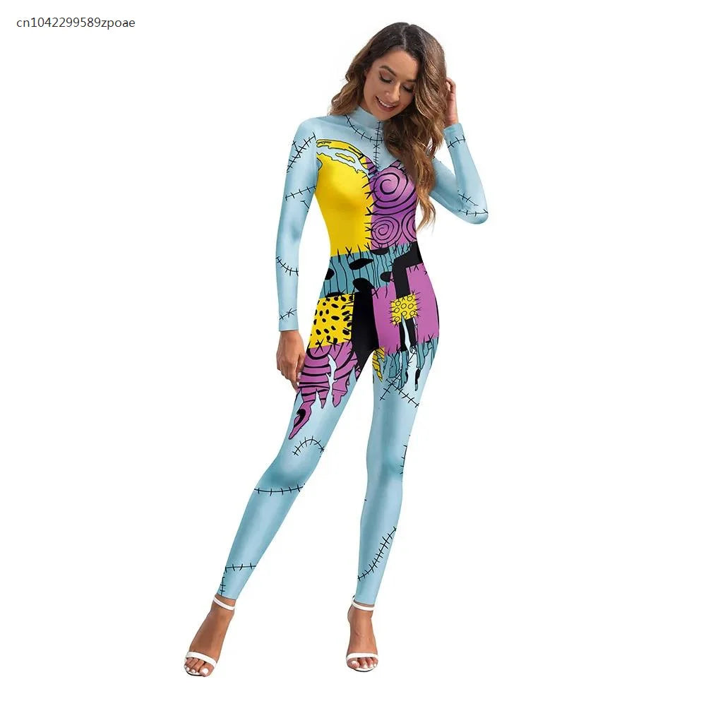 Halloween Adult Carnival Costume For Women Printed Slim Jumpsuit Catsuit Long Sleeve Masquerade Zenti Party Bodysuit Rompers