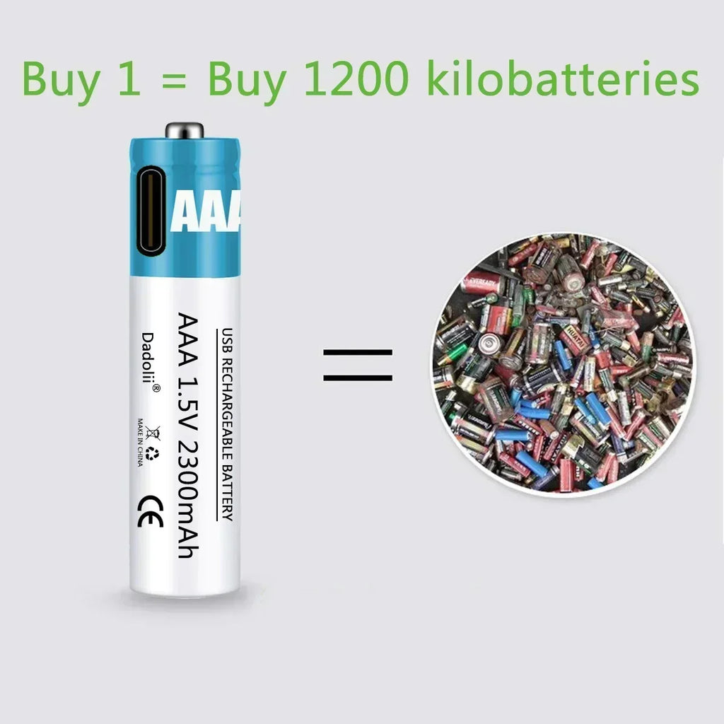 New USB AAA Rechargeable Batteries 1.5V 2300 mAh li-ion battery for remote control mouseElectric toy battery + Type-C Cable