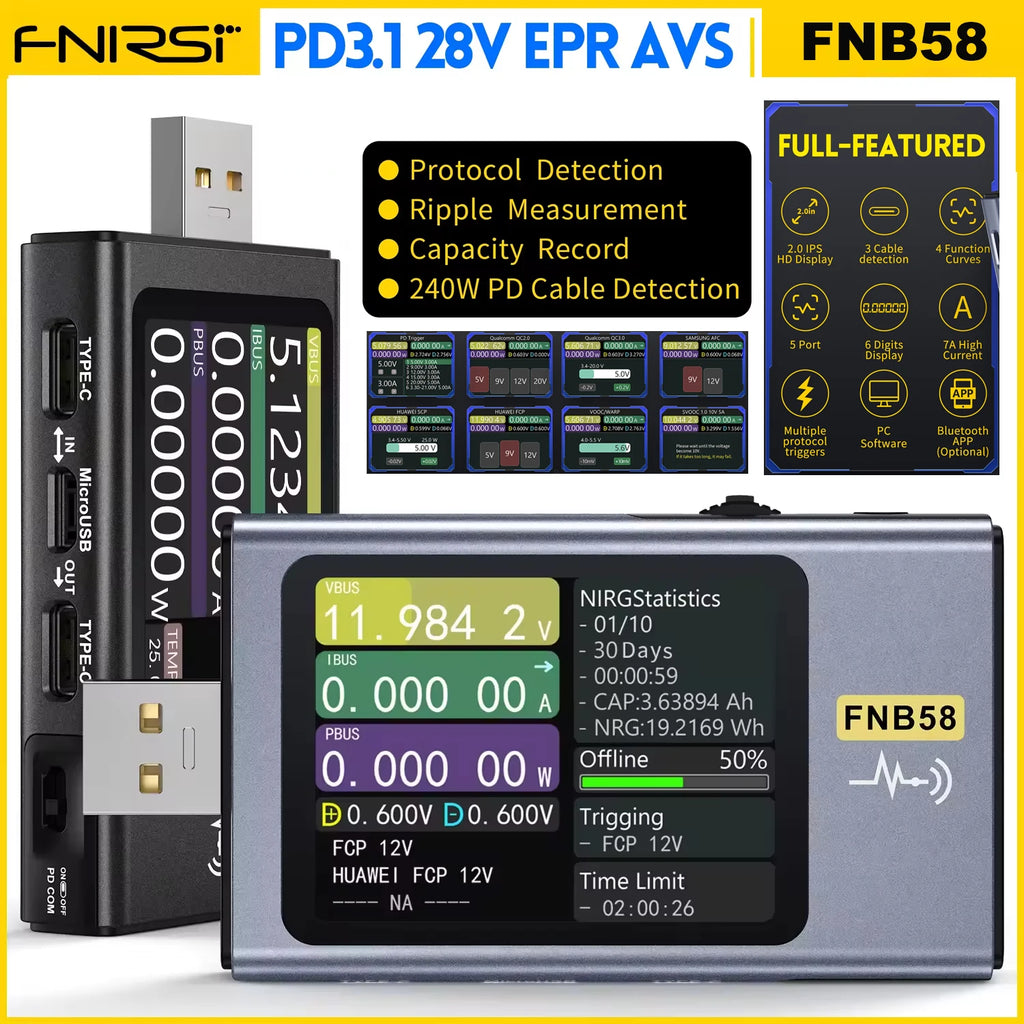 FNIRSI-FNB58 USB Tester Voltmeter Ammeter TYPE-C Fast Charge Detection Trigger Capacity Measurement Ripple Measurement